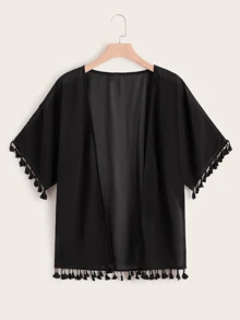 SHEIN Swim Curve Kimono unicolor ribete con fleco - grande - Negro - Ver 1