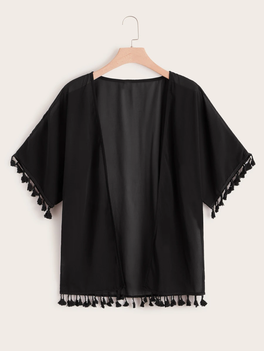 SHEIN Swim Curve Kimono unicolor ribete con fleco - grande - Negro - Ver 1