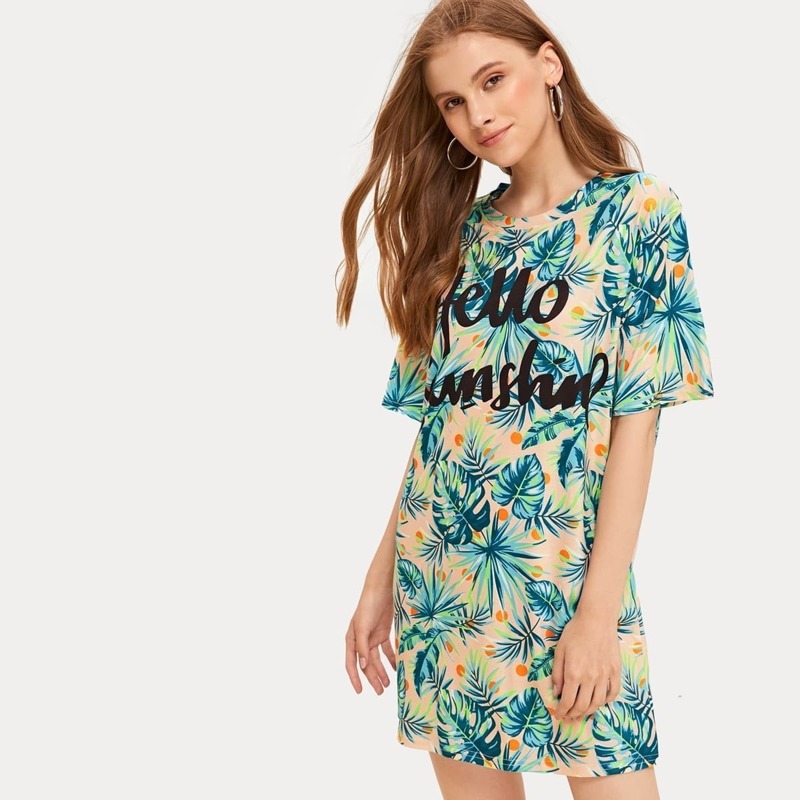 

Tropical & Letter Print Drop Shoulder T-shirt Dress, Multicolor
