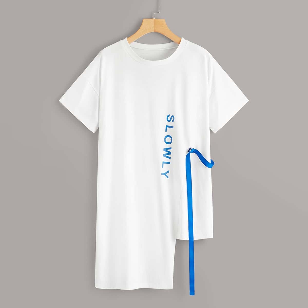 

Letter Print Tape Panel Asymmetrical T-shirt Dress, White