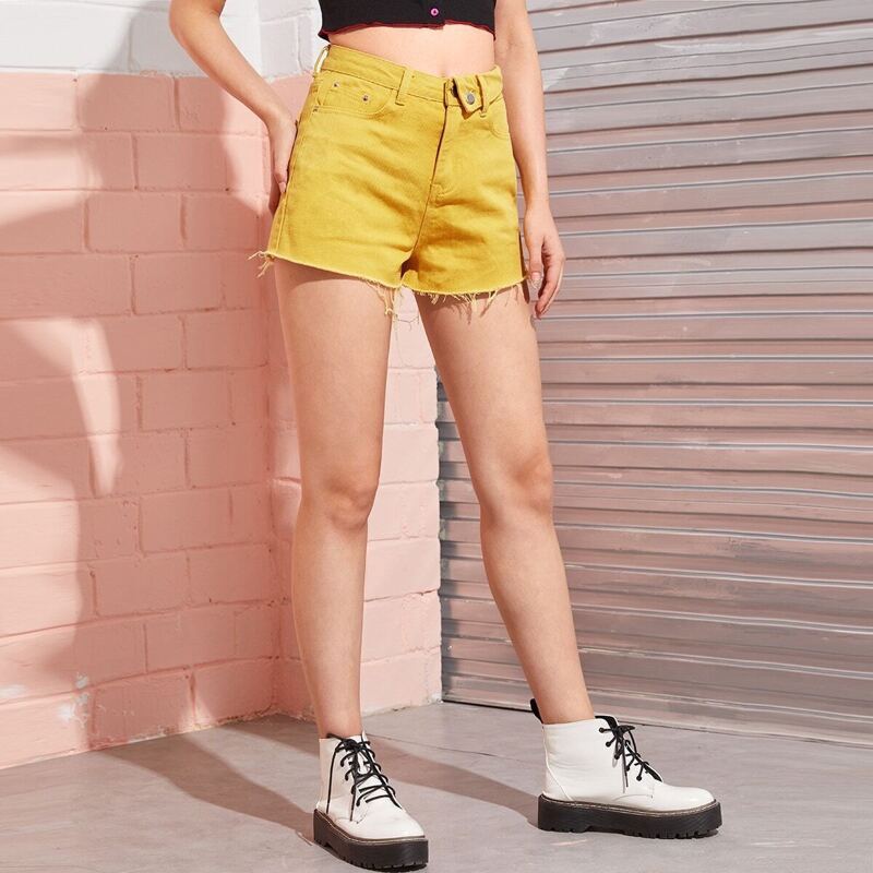 

Button Waist Solid Denim Shorts, Yellow