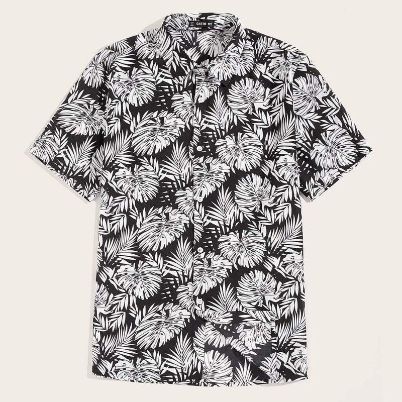 

Guys Button Fly Tropical Print Shirt, Black and white