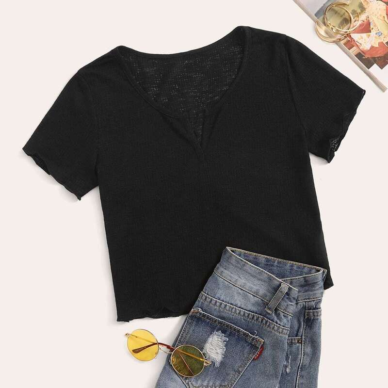

V-neck Lettuce Trim Solid Crop Tee, Black
