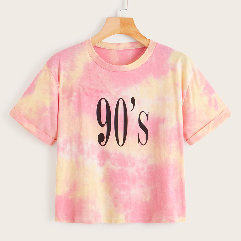

Tie Dye Letter Print Rolled Cuff Tee, Multicolor