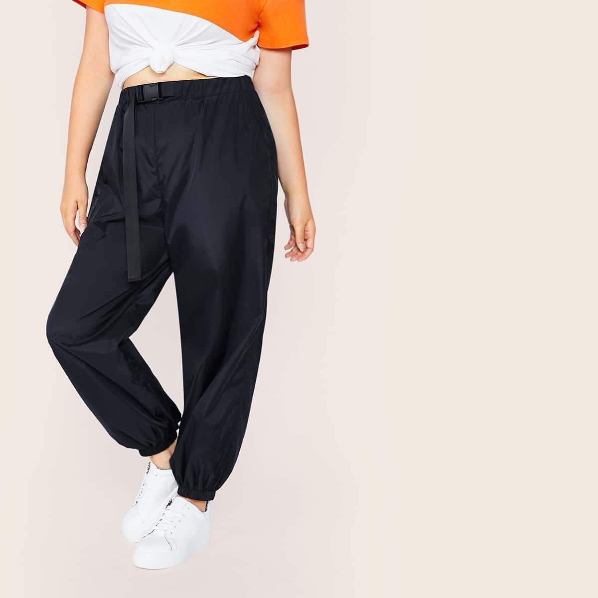 

Plus Solid Windbreaker Pants With Push Buckle Belt, Black