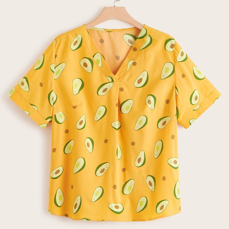 

Plus Fruit Print V Neck Blouse, Yellow