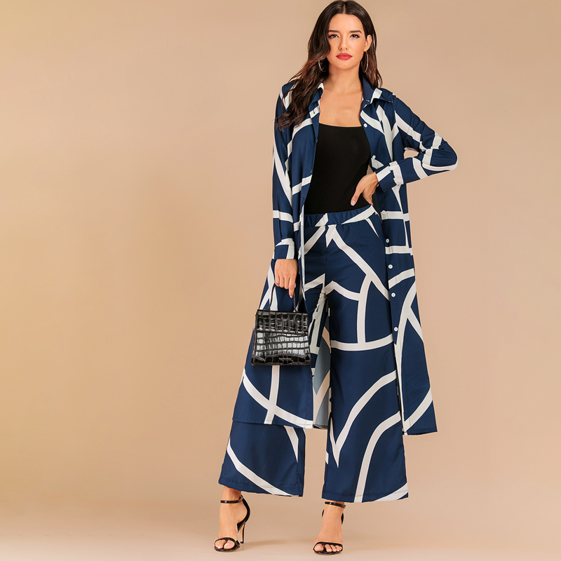 

Geo Print Button Front Longline Shirt & Pants Set, Navy blue