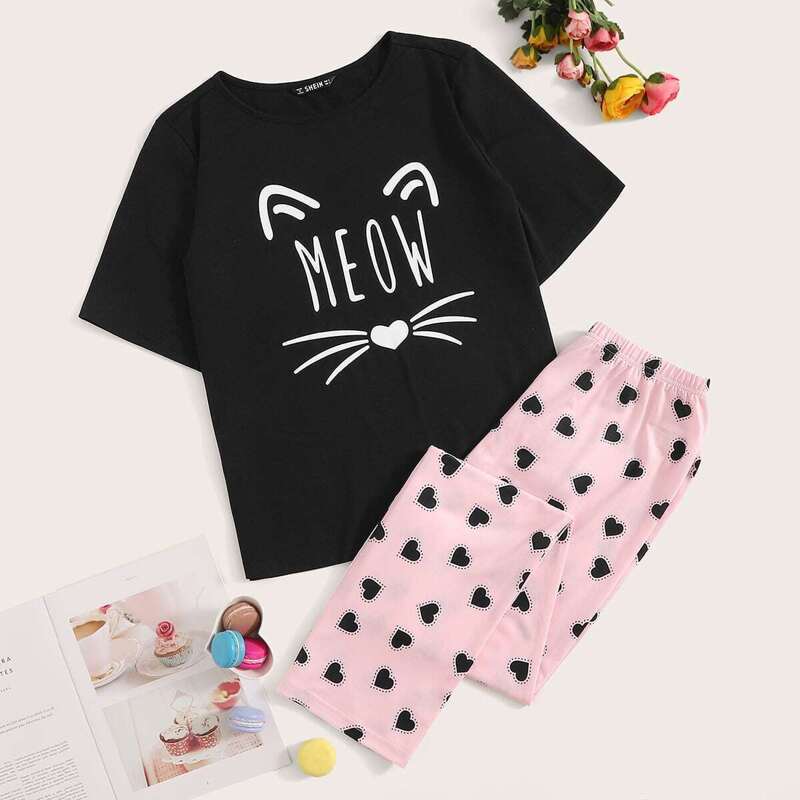 

Letter and Animal Print Tee and Pants PJ Set, Multicolor