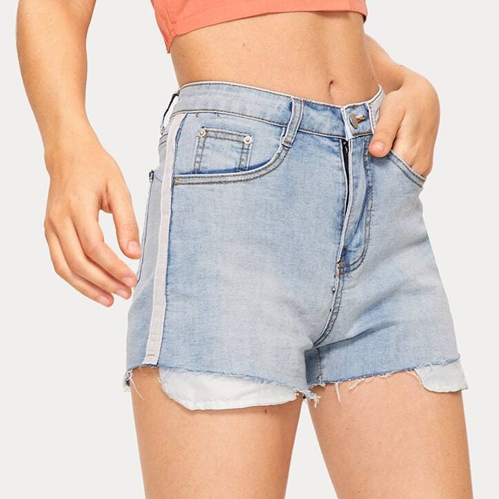 

Side Stripe Raw Hem Denim Shorts, Blue