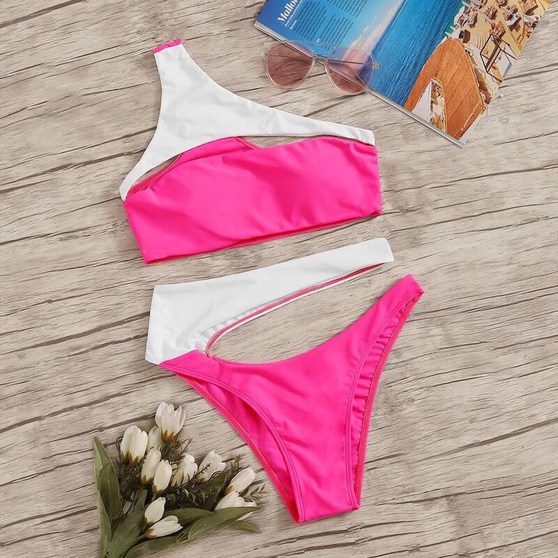 

Two Tone Cut Out One Shoulder Bikini Set, Pink bright