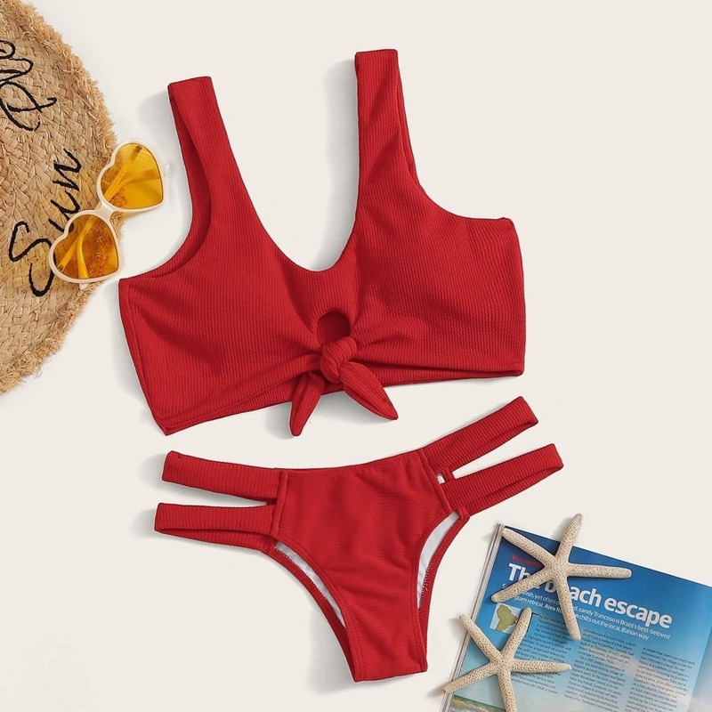 

Knit Knot Front Top With Cut-out Bikini Set, Red