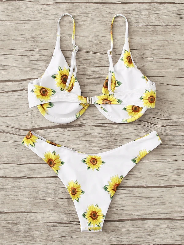 Sunflower Print Underwire Top With High Cut Bikini Set Shein Usa