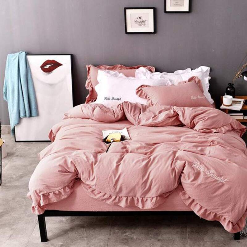 

Letter Embroidery Ruffle Trim Sheet Set, Pink