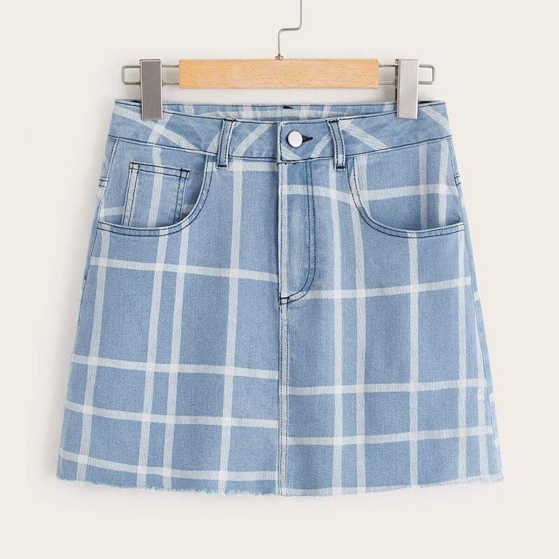 

Plaid Print Button And Pocket Detail Denim Skirt, Blue