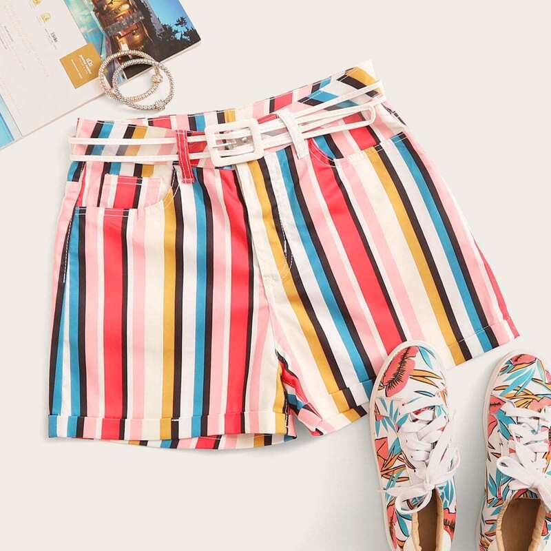 

Colorful Striped Roll Up Hem Shorts, Multicolor