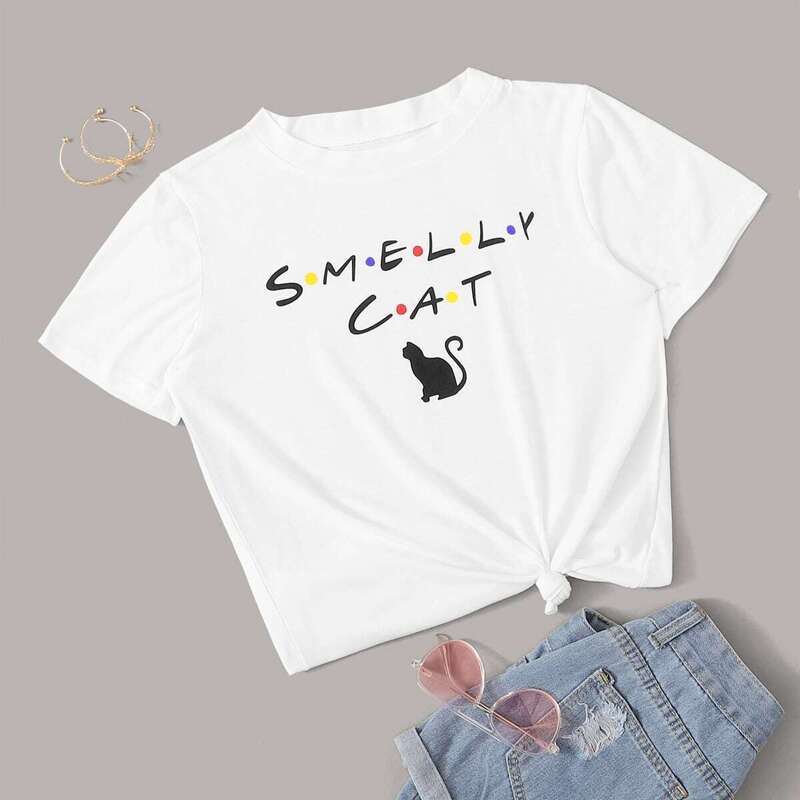 

Slogan And Cat Graphic Tee, White