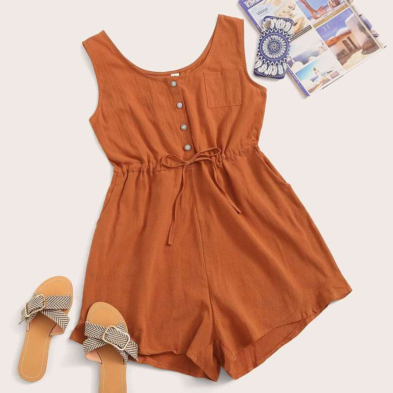 

Button Detail Drawstring Waist Romper, Brown