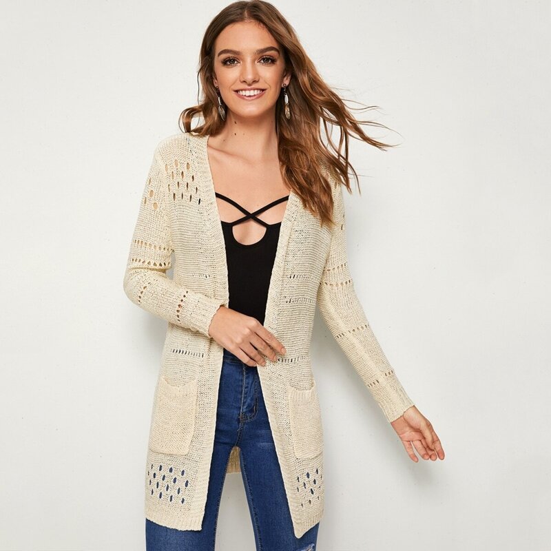 

Cut Out Double Pocket Solid Cardigan, Beige