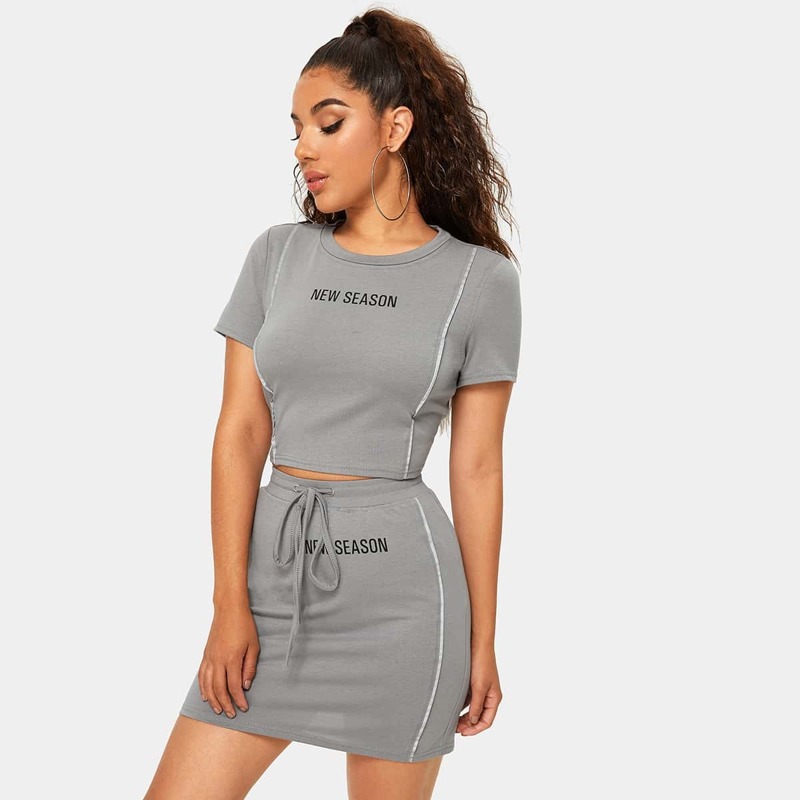 

New Season Graphic Tee & Drawstring Mini Skirt Set, Grey