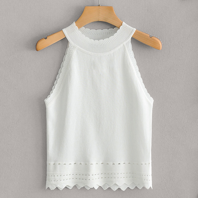 

Solid Scallop Hem Halter Knit Top, White