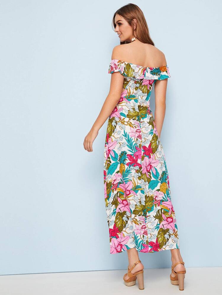 Färgrikedom Skära Ut Blommig Boho Klänningar | SHEIN SE Blommig klänning med bardot krage | SHEIN SE