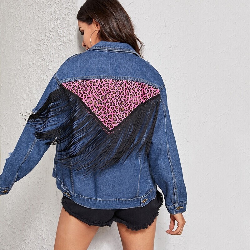 

Leopard Ripped Fringe Detail Denim Jacket, Blue