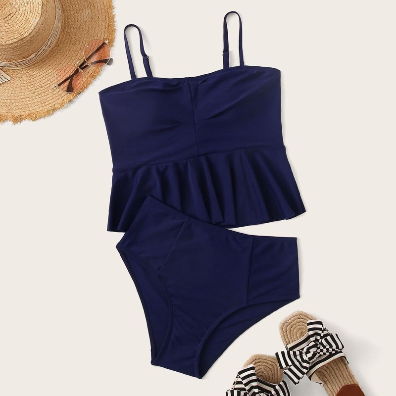 

Ruffle Hem Top With High Waist Tankinis, Blue