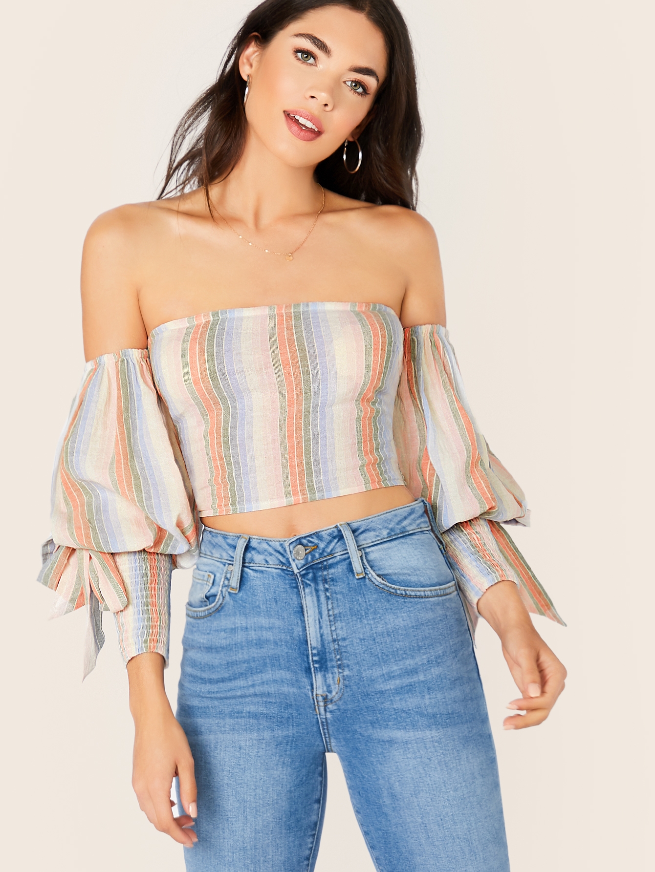 puff sleeve knot shirred cuff striped bardot crop top | shein