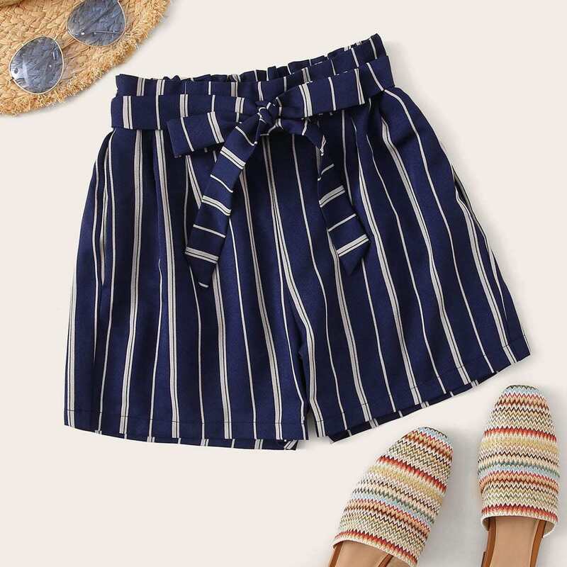 

Striped Print Paper Bag Belted Shorts, Navy
