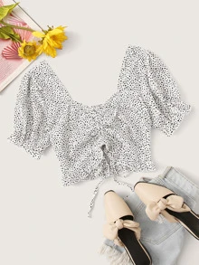 SHEIN VCAY 斑點圖案抽繩雞心領短版上衣 - 黑與白 - 查看 1