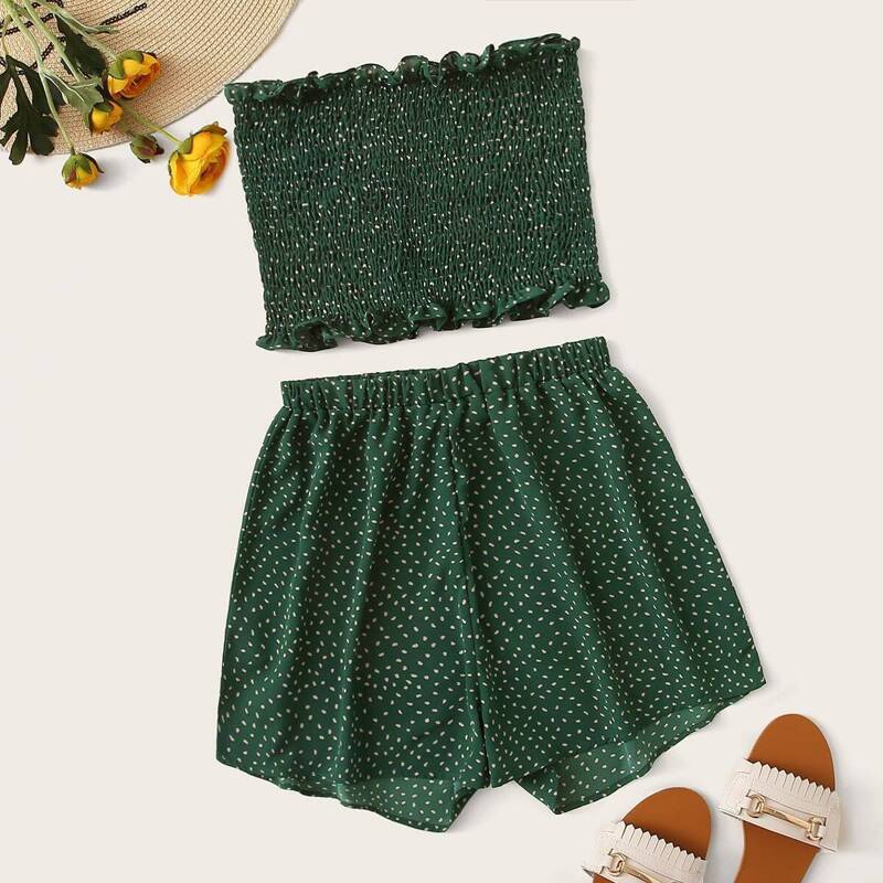 

Lettuce Trim Confetti Print Shirred Tube With Shorts, Green
