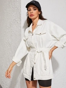 Veste en jean longue délavée avec ceinture | Mode en ligne Veste en jean longue délavée avec ceinture | Mode en ligne