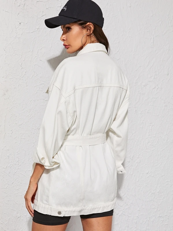 Veste en jean longue délavée avec ceinture | Mode en ligne Veste en jean longue délavée avec ceinture | Mode en ligne