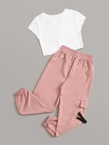 Seusyu Conjunto camiseta con nudo delantero con estampado de letra con pantalones cargo - Multicolor - Ver 2