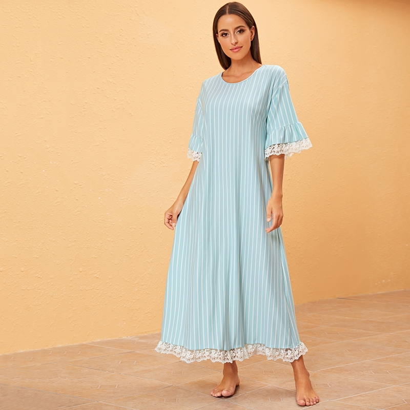 

Drop Shoulder Lace Trim Striped Night Dress, Blue