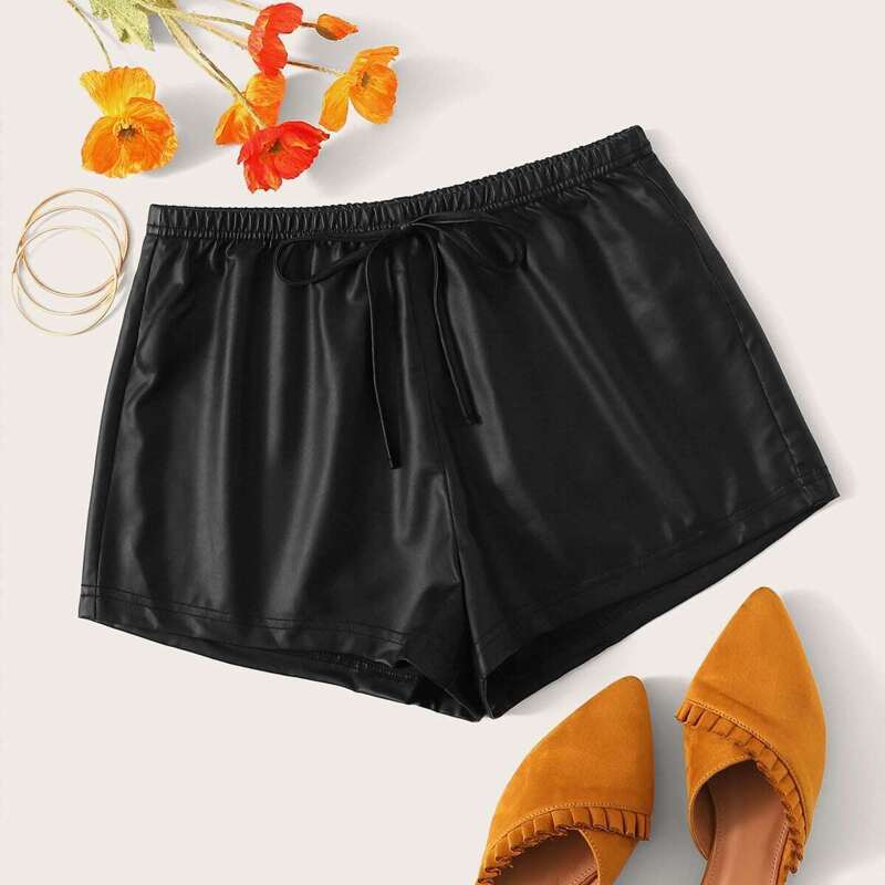 

Drawstring Waist Leather Look Shorts, Black