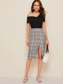 SHEIN Privé 不對稱領折邊上衣 - 黑色 - 查看 3