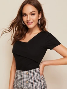 SHEIN Privé 不對稱領折邊上衣 - 黑色 - 查看 5