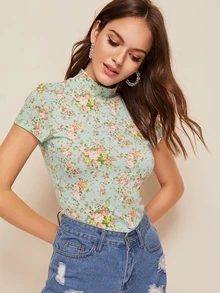 SHEIN Mock Neck Floral Print Form Fitted Top - Green - View 4