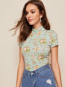 SHEIN Mock Neck Floral Print Form Fitted Top - Green - View 5
