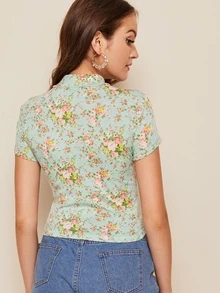 SHEIN Mock Neck Floral Print Form Fitted Top - Green - View 2