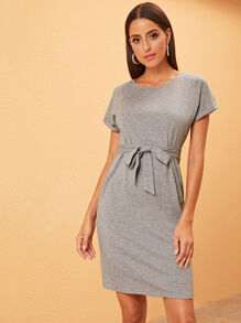 Roll Up Sleeve Pocket Side Belted Tee Dress