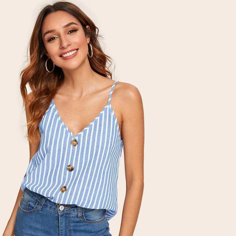 

Double V-neck Button Front Striped Cami Top, Blue pastel