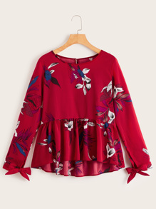 Floral Print Knot Cuff keyhole Back Blouse