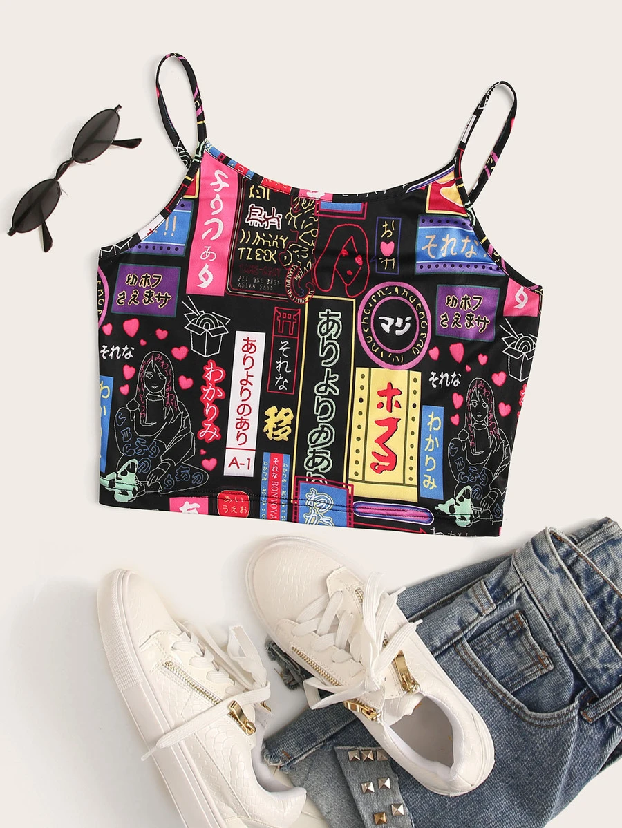 字母和人像圖案短版吊帶 - 彩色 - 查看 1