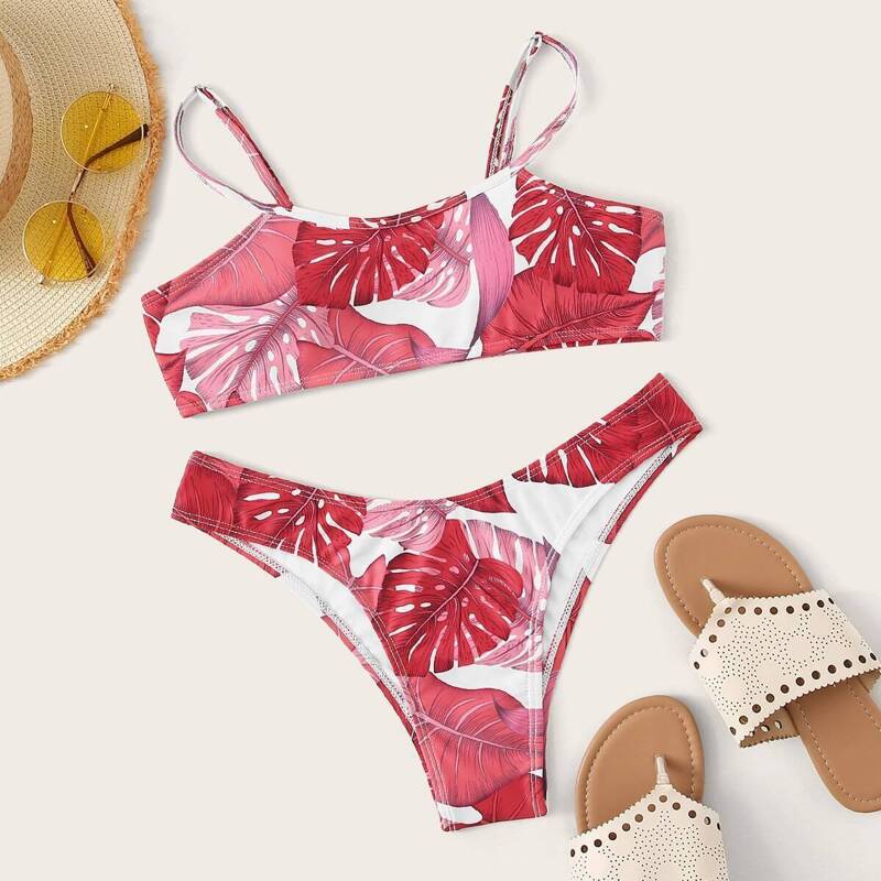 

Leaf Print Top With High Cut Bikini Set, Red