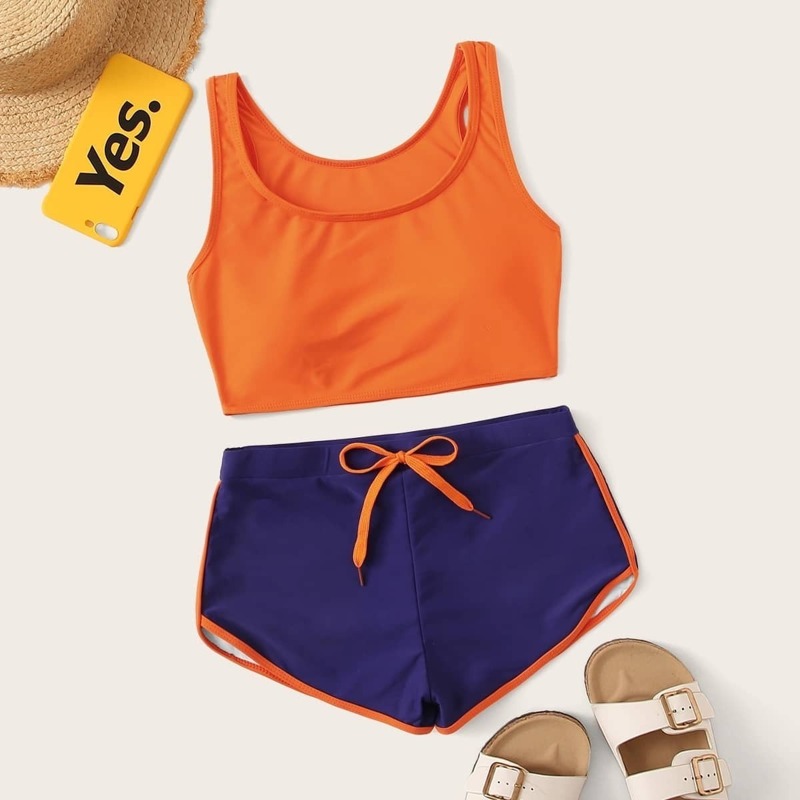 

Racerback Top With Contrast Binding Drawstring 2piece Swim, Multicolor