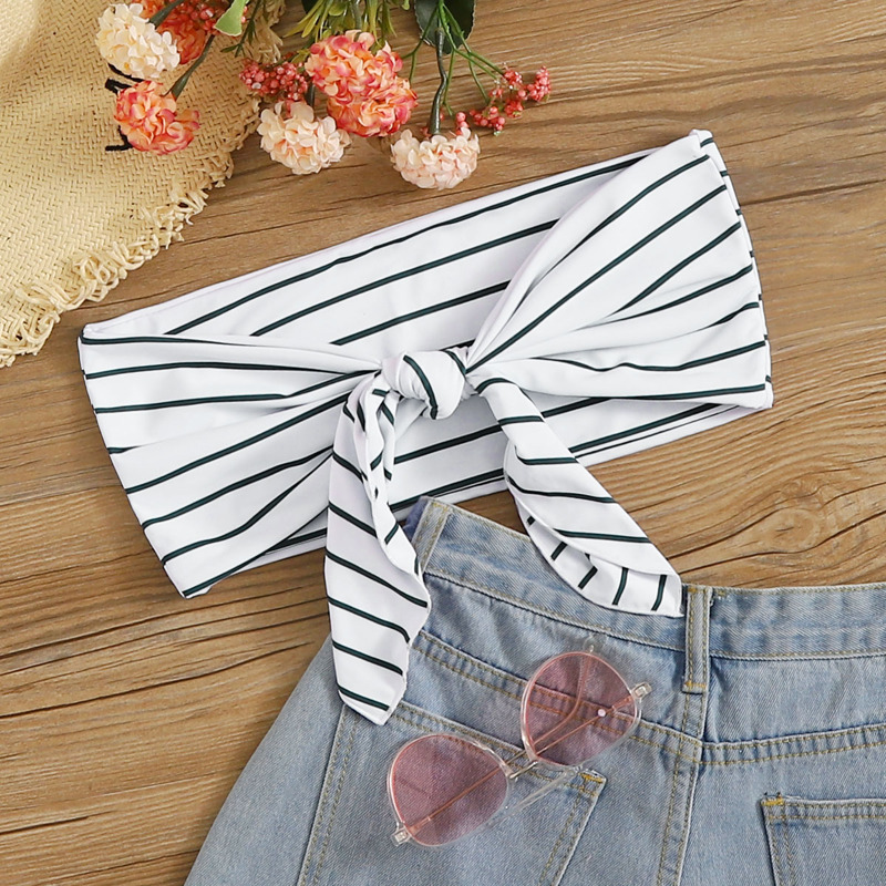 

Striped Knot Front Bandeau Swimming Top, White