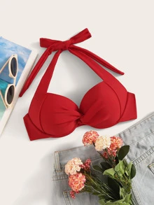 Halter Twist Underwire Swimming Top, For Summer Beach Vacation - Burgundy - View 1