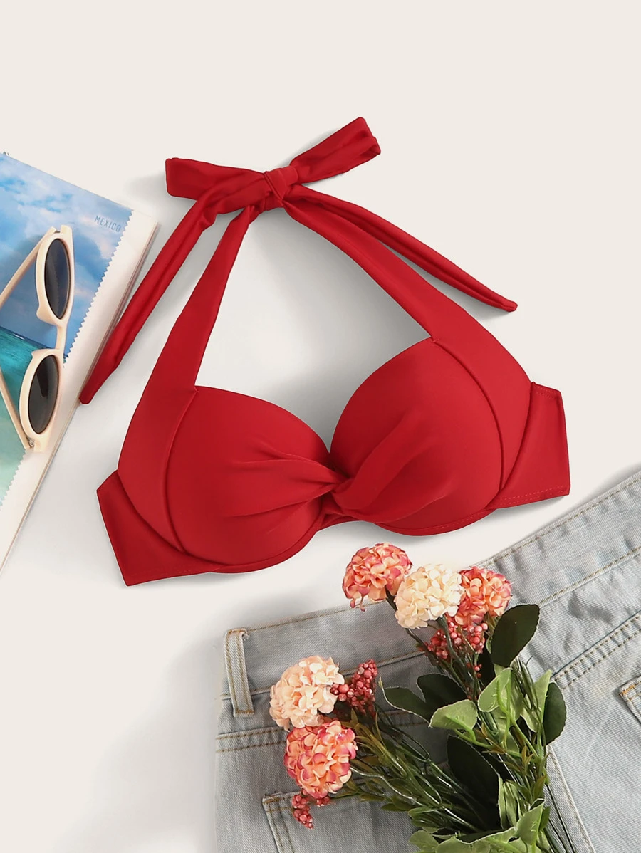 Halter Twist Underwire Swimming Top, For Summer Beach Vacation - Burgundy - View 1